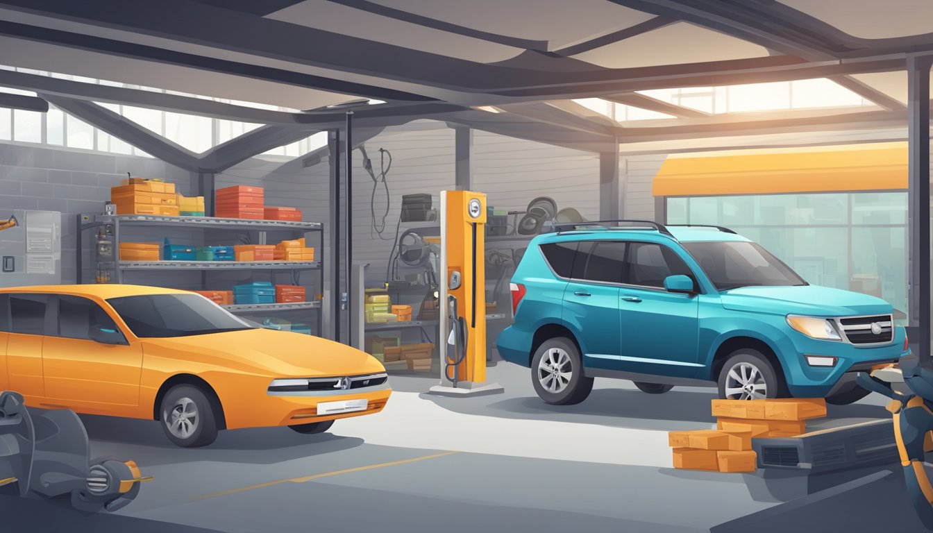 Two cars in a garage with shelves and charging station
