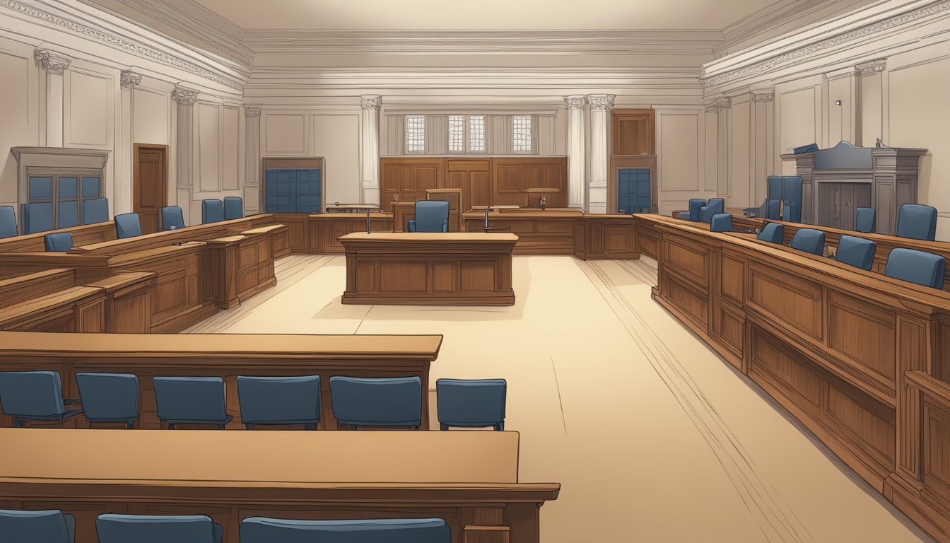 Illustration of an empty courtroom with wooden furniture and blue chairs