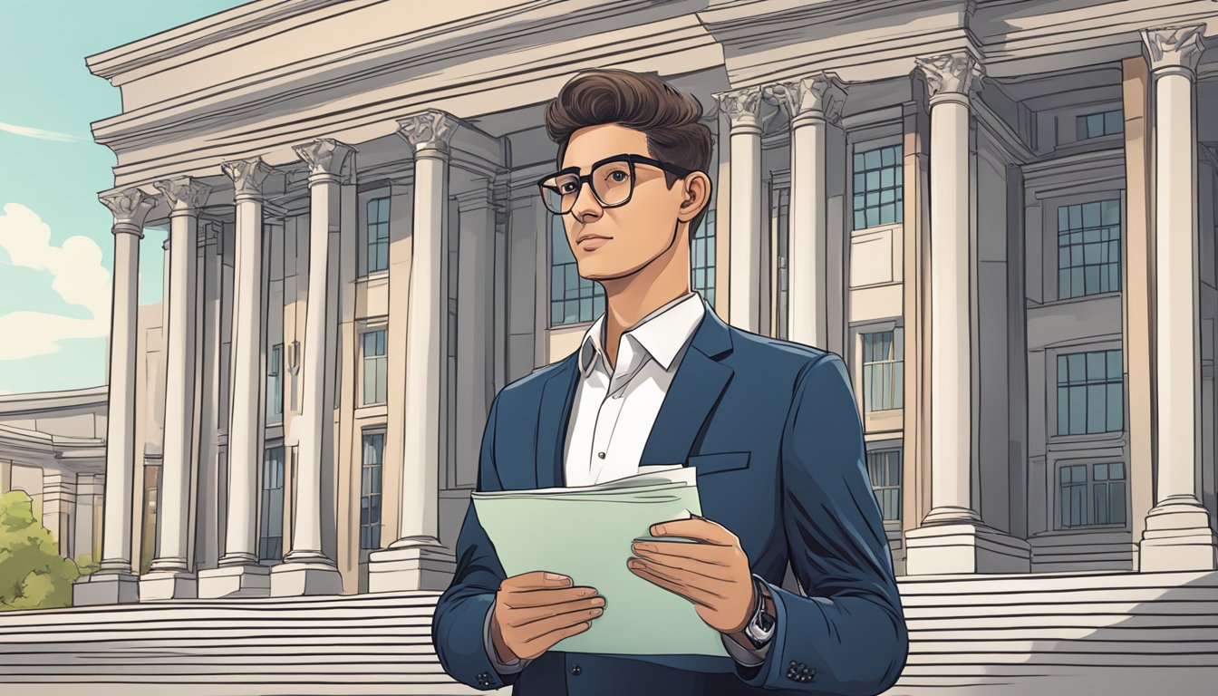 Man in suit holding papers in front of a courthouse