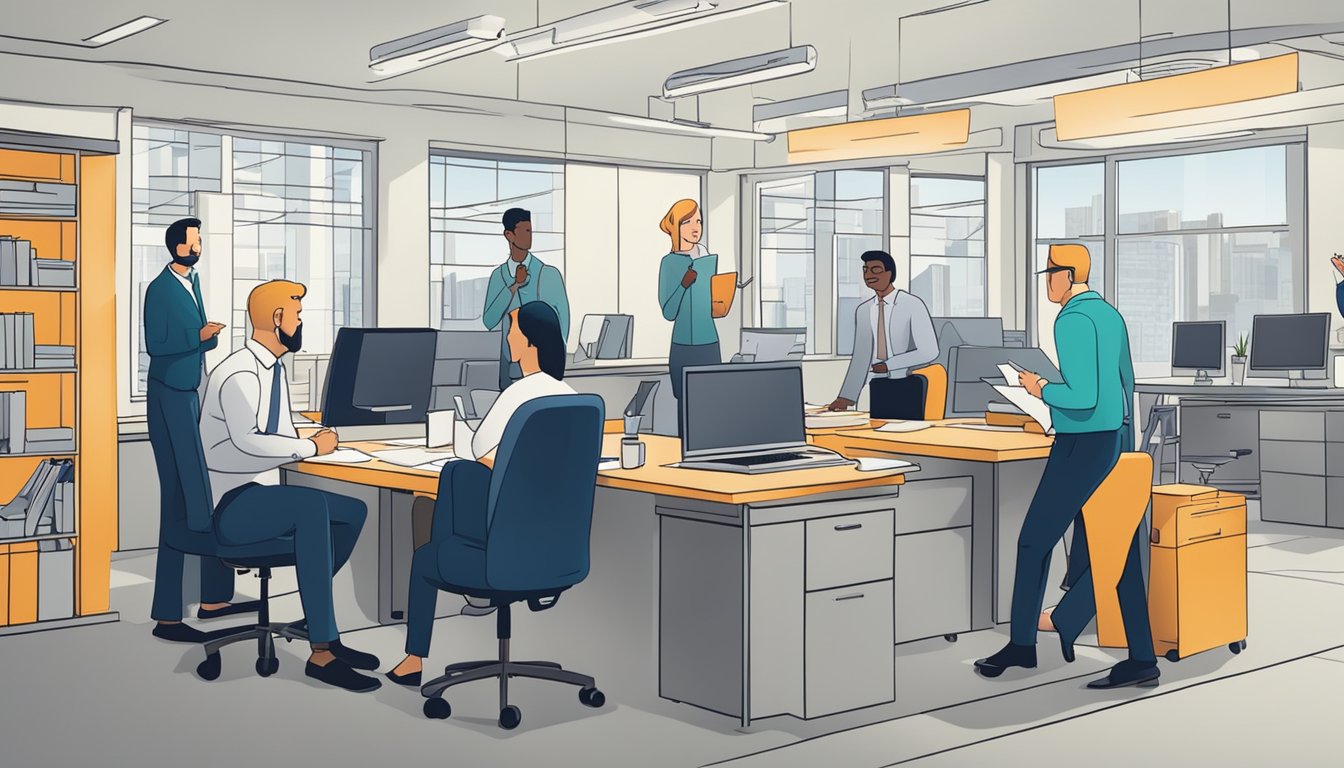 Office scene with people working at desks, computers, and a bookcase