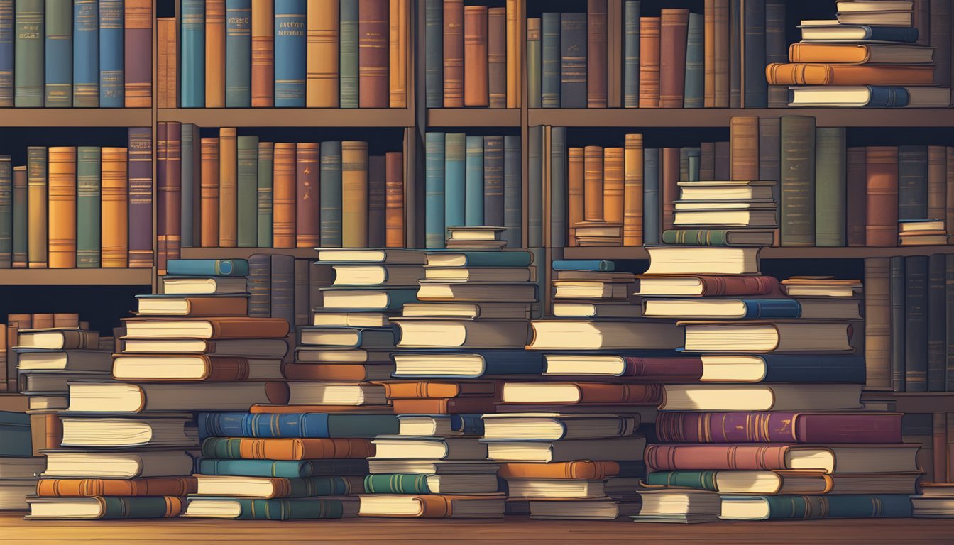 Bookshelves overflowing with stacks of colorful books, a cozy library scene