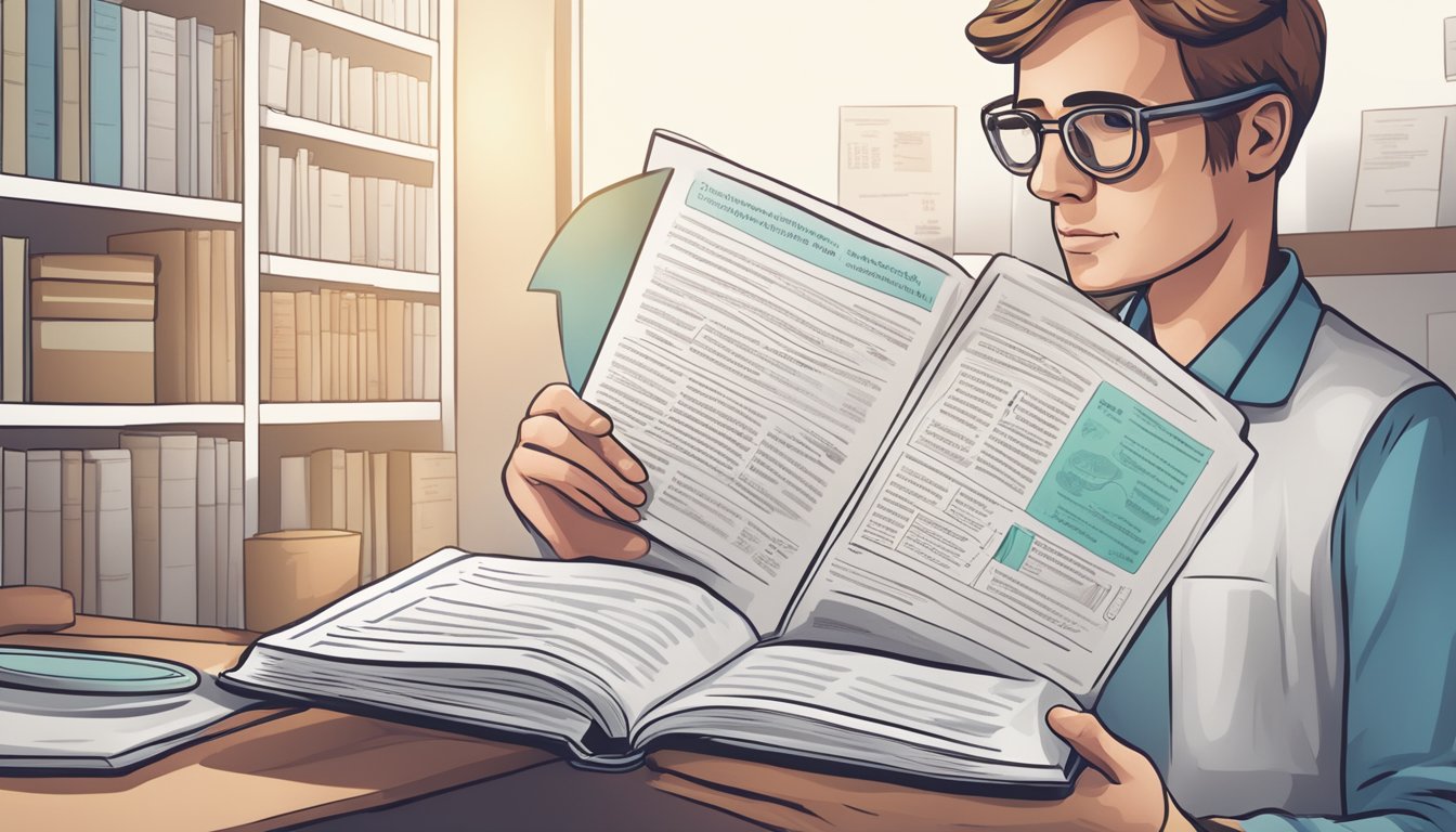 Man with glasses reading a large open book in a library setting