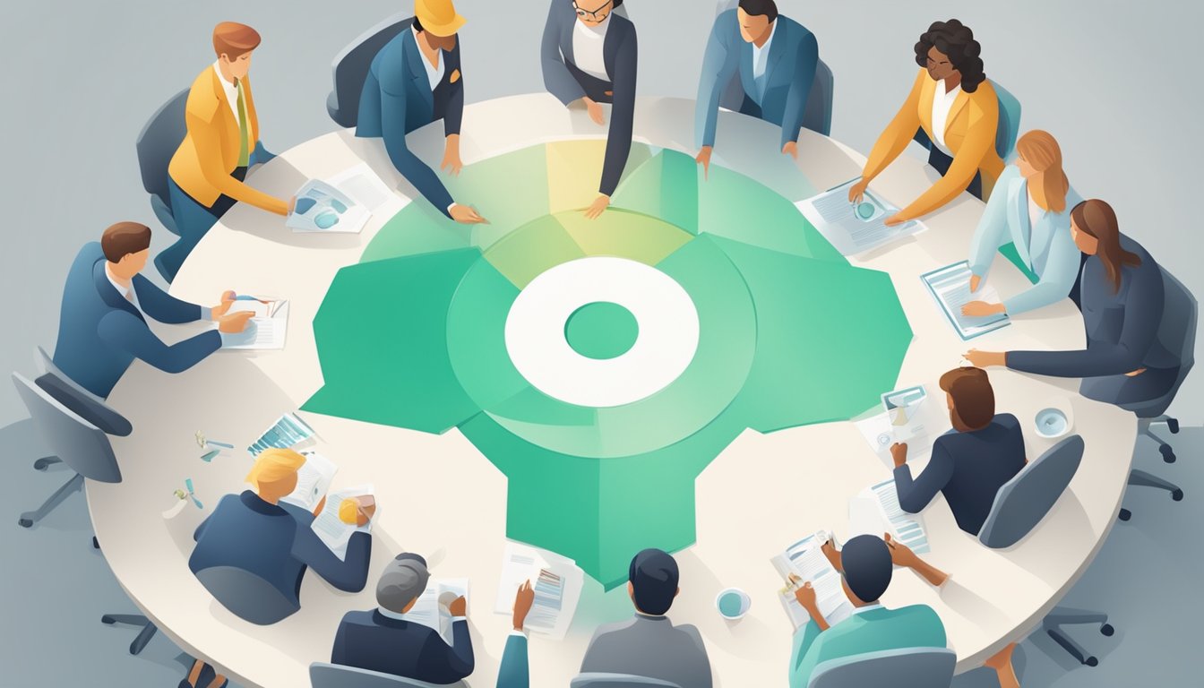 Business team meeting around a circular table with a green graphic