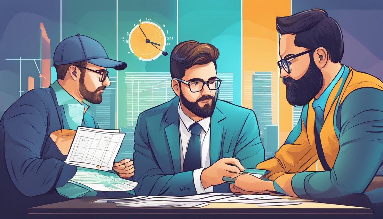 Three businessmen in suits reviewing documents at a table, discussing