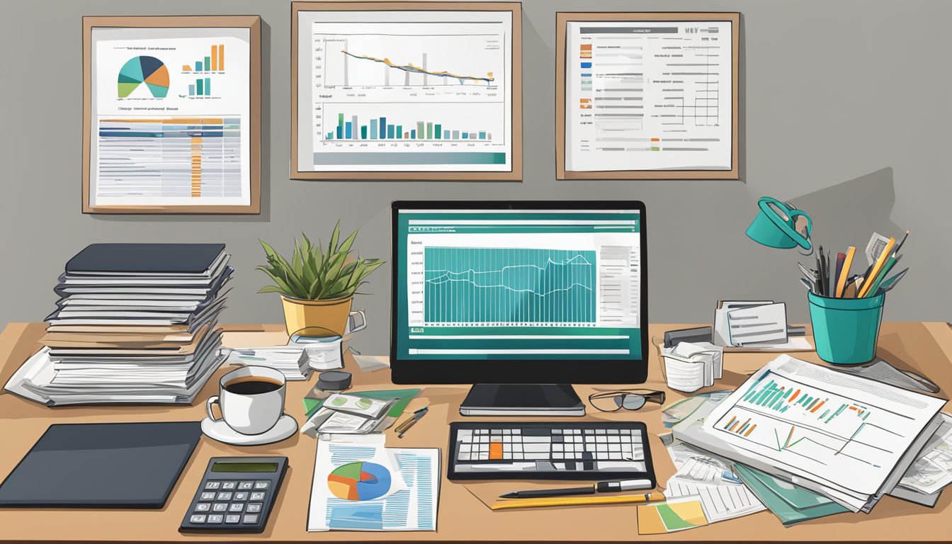 Desk with computer, charts, and papers, illustrating business or finance