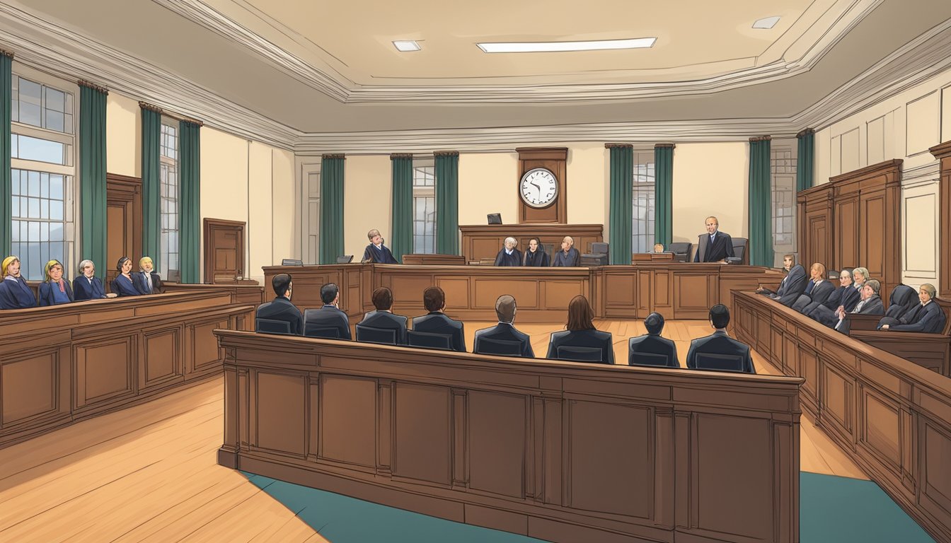 Illustration of a courtroom with judge, jury, and people in suits