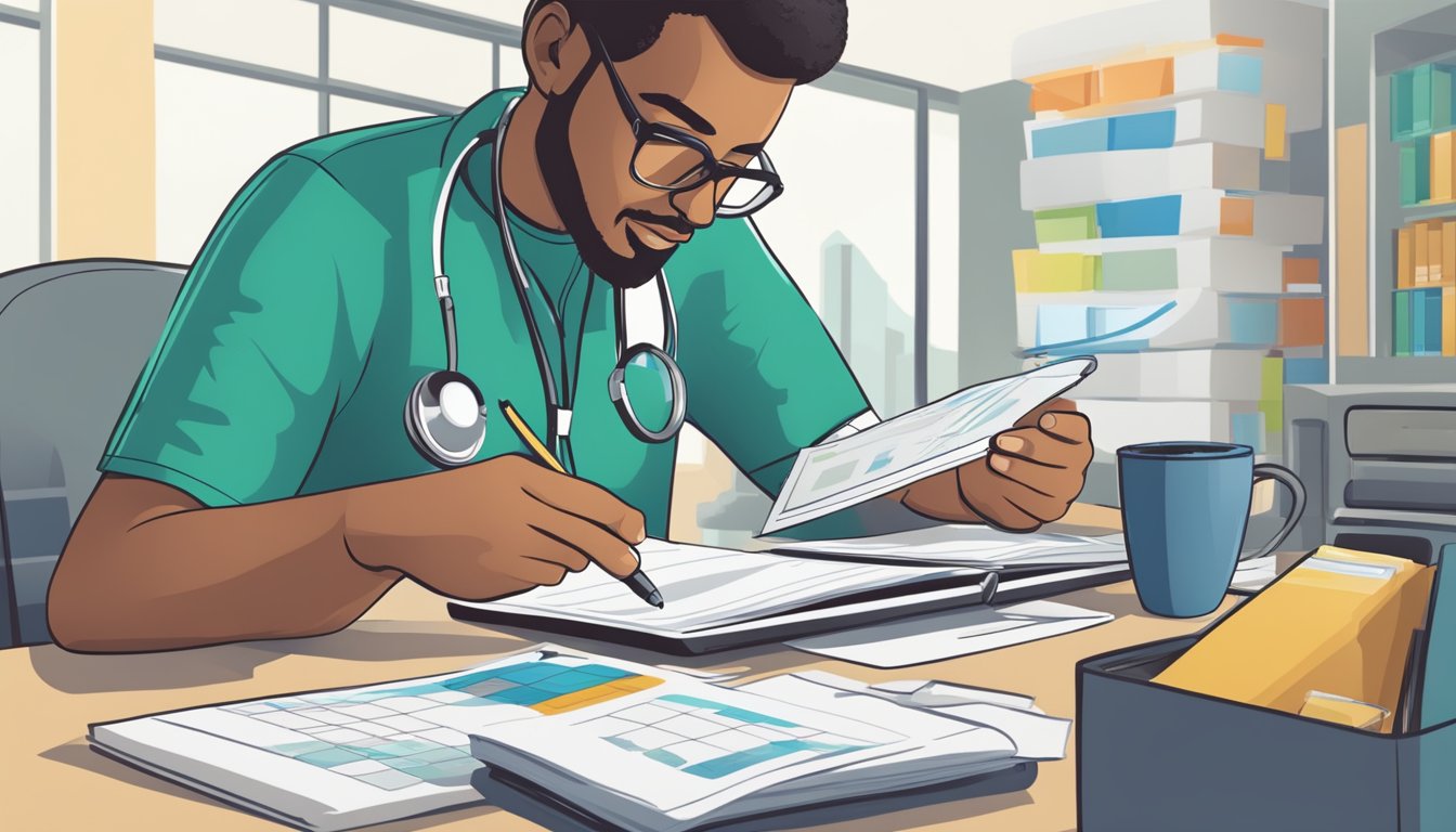 Doctor with stethoscope reviewing paperwork at a desk with stacks of files
