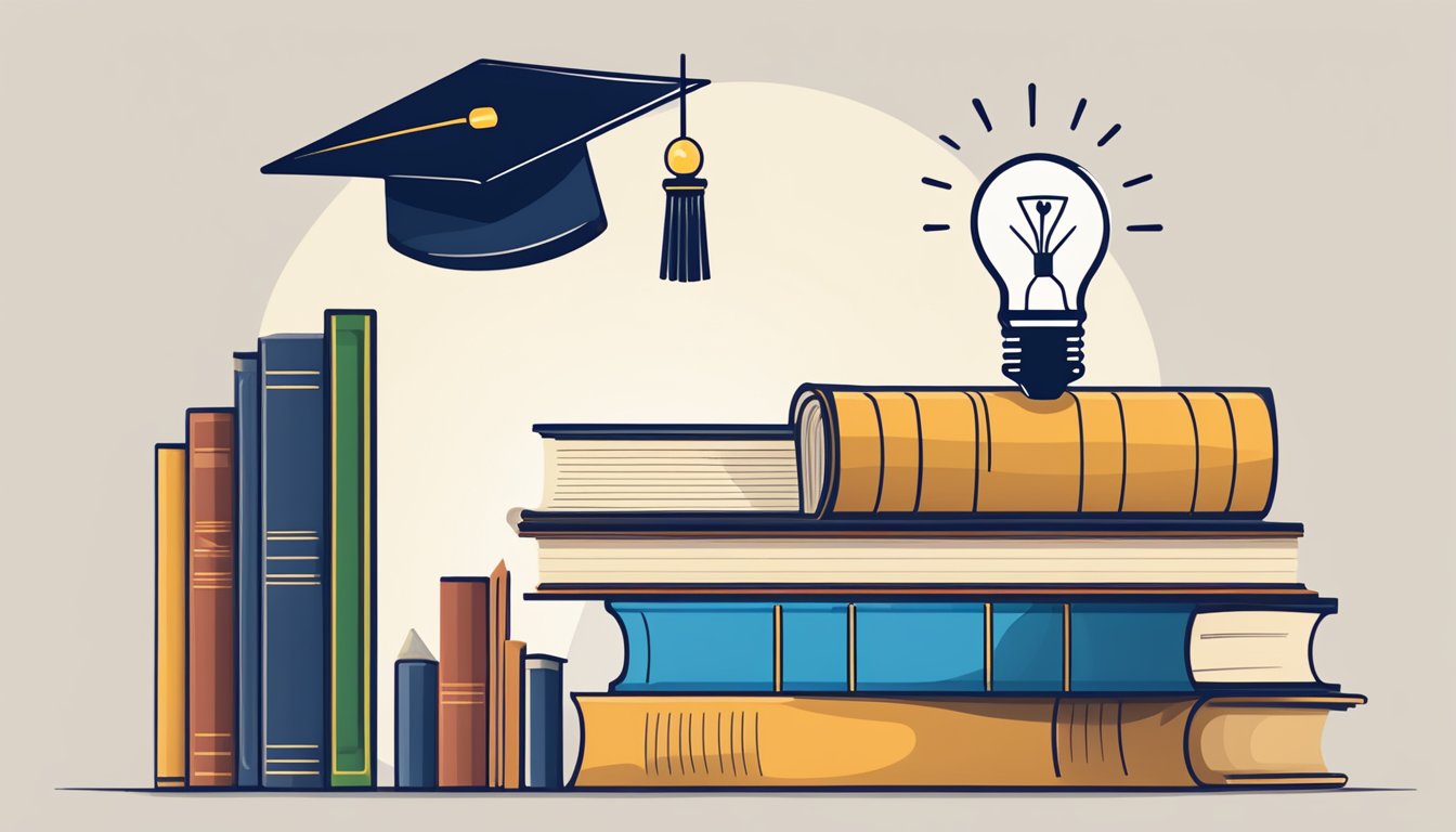 Books, graduation cap, and lightbulb representing knowledge and education