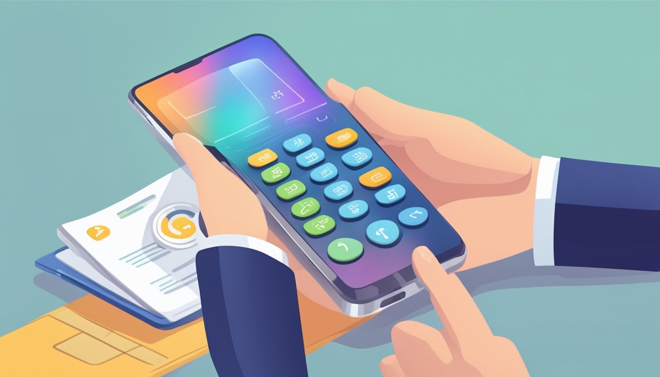 Person holding phone with calculator app, documents in background