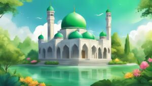 Vibrant illustration of a serene, green-domed mosque.