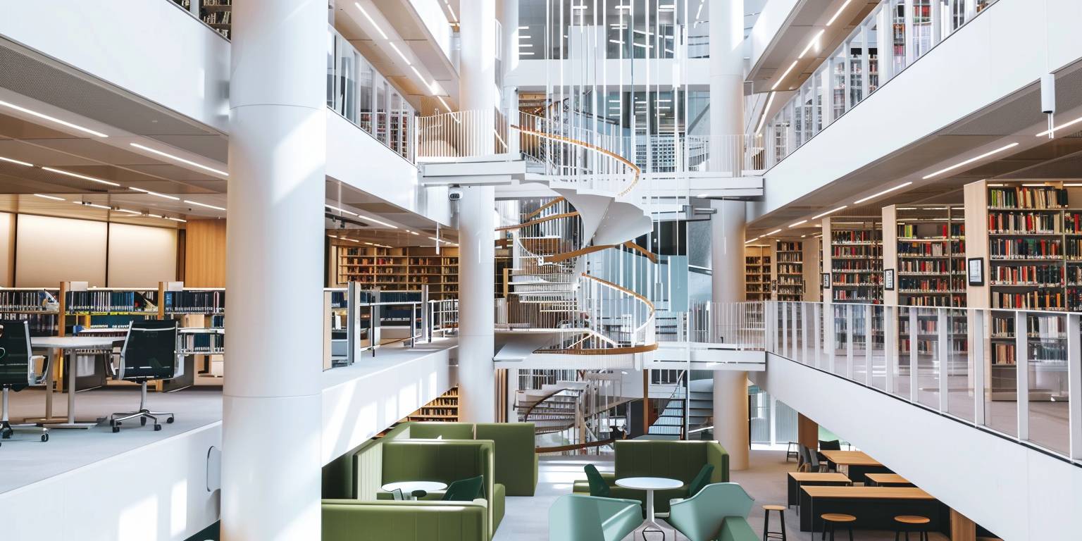 Modern library interior with spiral staircase and bookshelves.