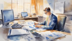 Man analyzing financial documents in sunlit office.