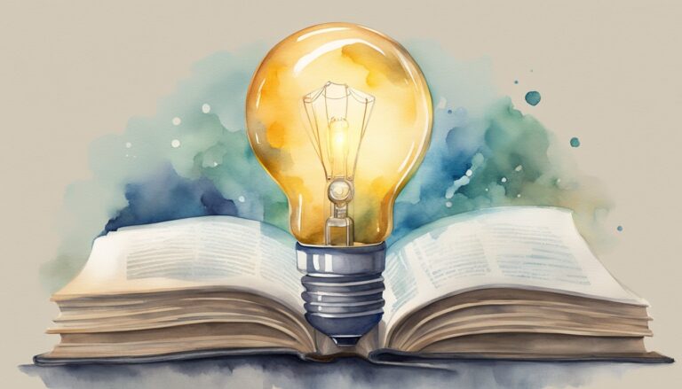 Glowing light bulb on open book, watercolor illustration.