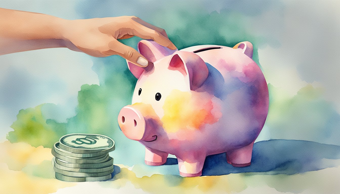 Hand inserting coin into colorful piggy bank, watercolor illustration.