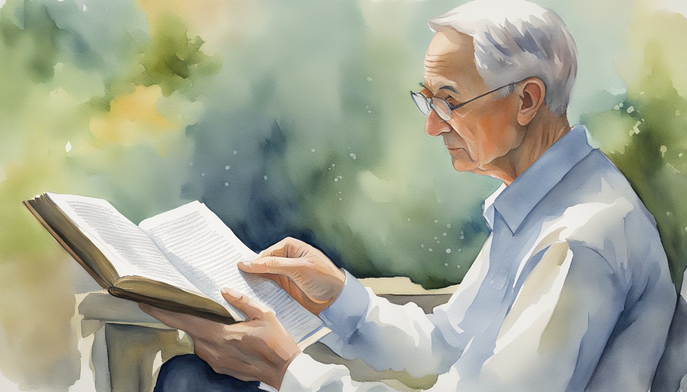 Elderly man reading book peacefully outdoors.