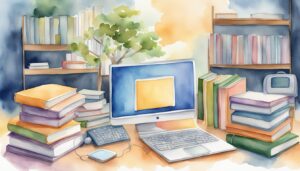 Watercolor illustration of a cozy, book-filled study area.