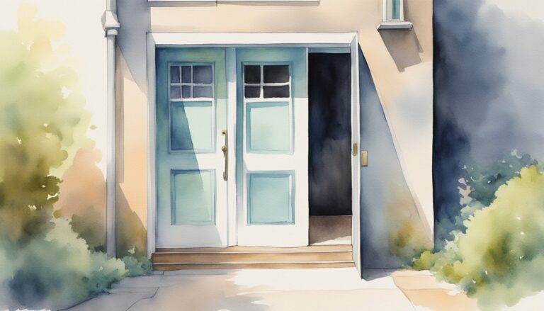 Watercolor painting of a light blue double door entrance.