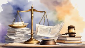 Watercolor illustration of justice scales, gavel, and legal books.