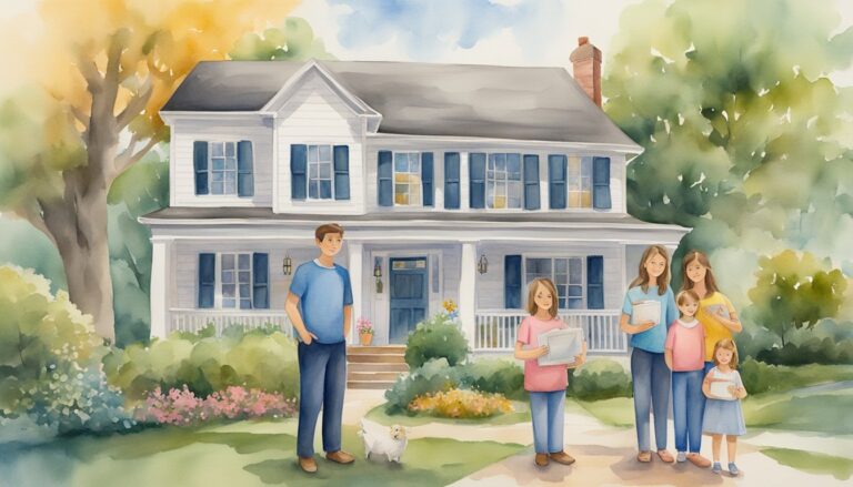 Family with dog outside their blue house, watercolor.