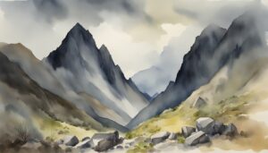 Watercolor painting of misty mountain valley with rocks.