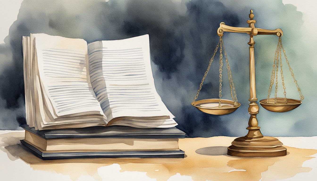 Watercolor illustration of open law book and justice scales.