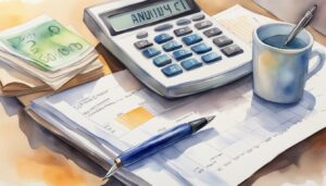 Watercolor painting of calculator, paperwork, and coffee mug.