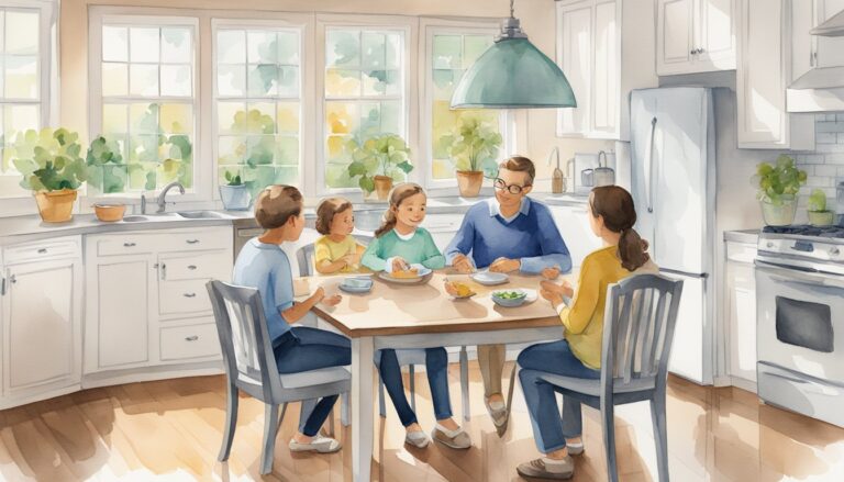 Family sharing meal in bright, cozy kitchen.