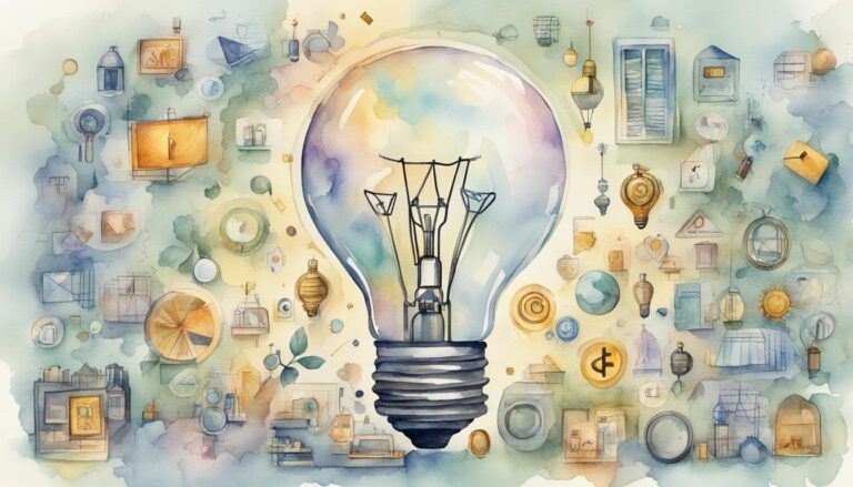 Watercolor illustration of a glowing lightbulb with diverse objects.