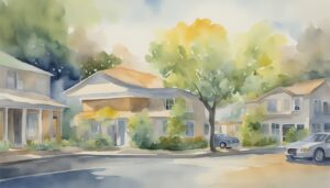 Watercolor painting of sunny suburban street with trees and houses.