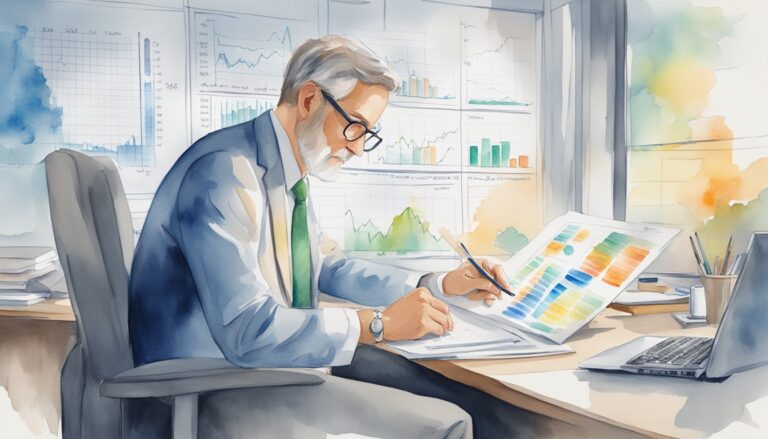 Senior businessman analyzing financial charts in office.