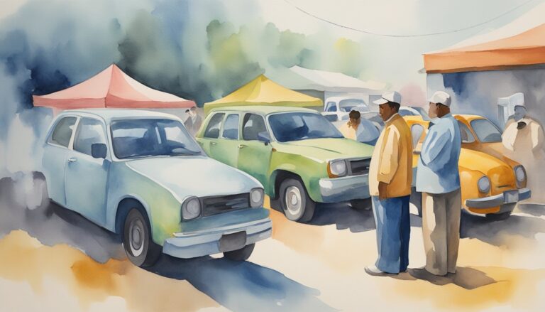 Watercolor painting of outdoor car market scene.