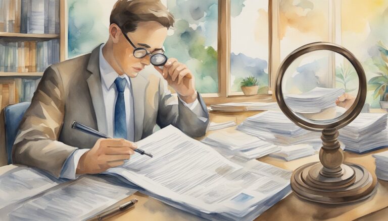 Man examining documents with magnifying glass in office.