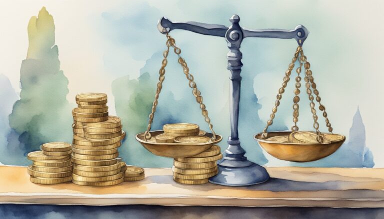 Watercolor painting of coins and balance scale.