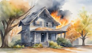 Watercolor painting of house on fire with trees.