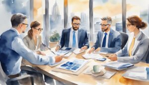 Watercolor painting of business meeting with cityscape backdrop.