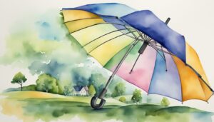 Colorful umbrella over pastoral landscape watercolor painting.