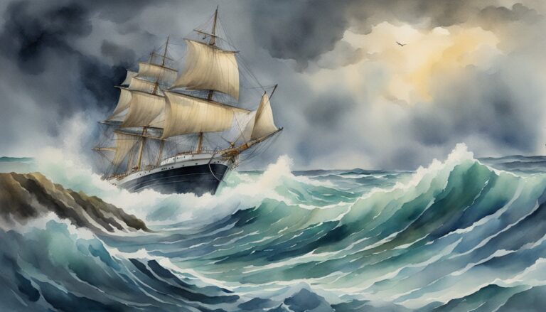 Sailing ship battling stormy sea, watercolor illustration.