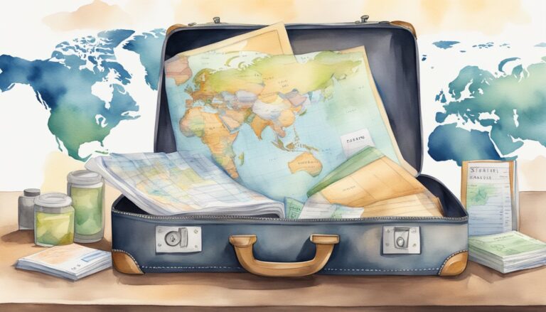 Open suitcase with world map and travel essentials.