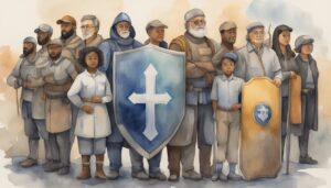 Diverse group with shields in historical watercolor illustration.