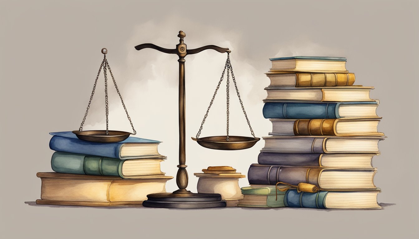 Balance scale on stacked books, justice and law concept.