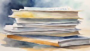 Watercolor painting of stacked papers and folders.