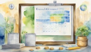 Watercolor of a creative annual revenue chart with cityscape.