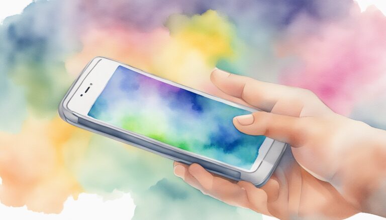 Hand holding smartphone with colorful screen, watercolor style.