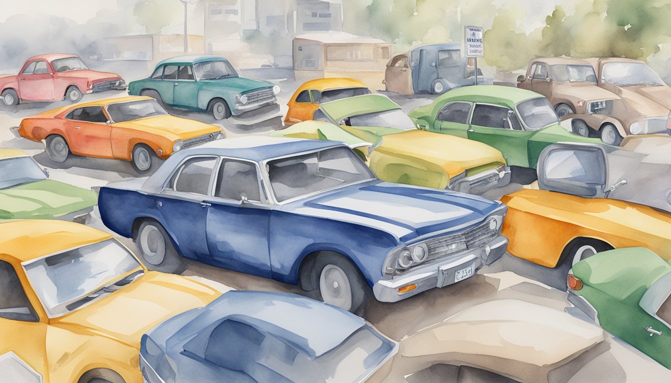 Watercolor painting of colorful vintage cars in a lot.