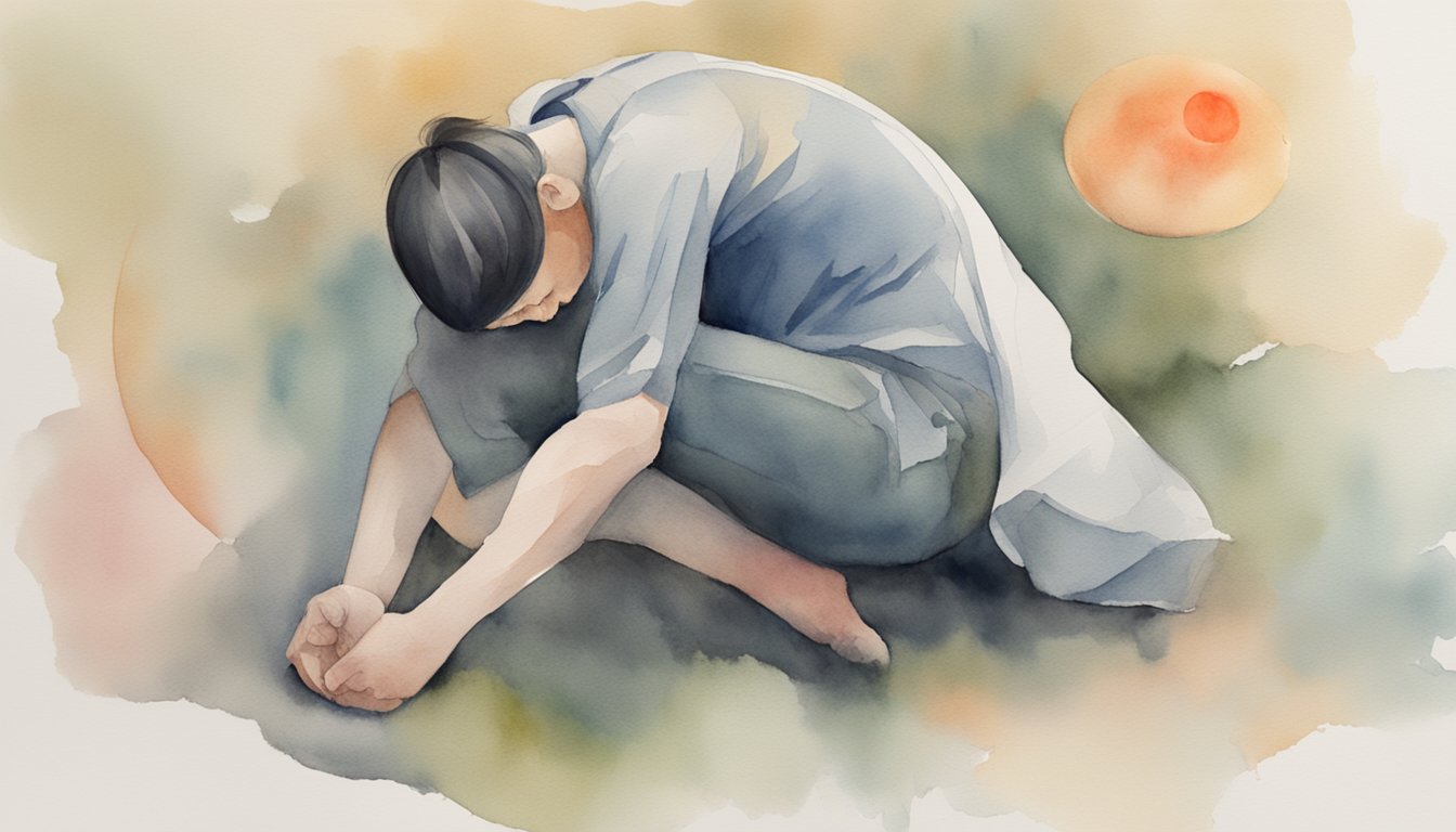 Watercolor painting of person crouching under soft sunlight.