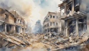 Watercolor painting of a devastated urban landscape.