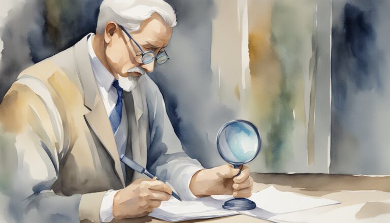 Elderly man studying documents with magnifying glass.