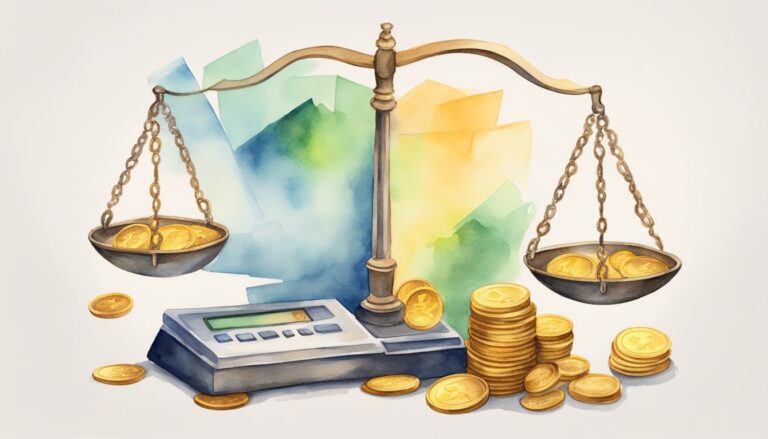 Watercolor illustration of scales balancing money and calculator.