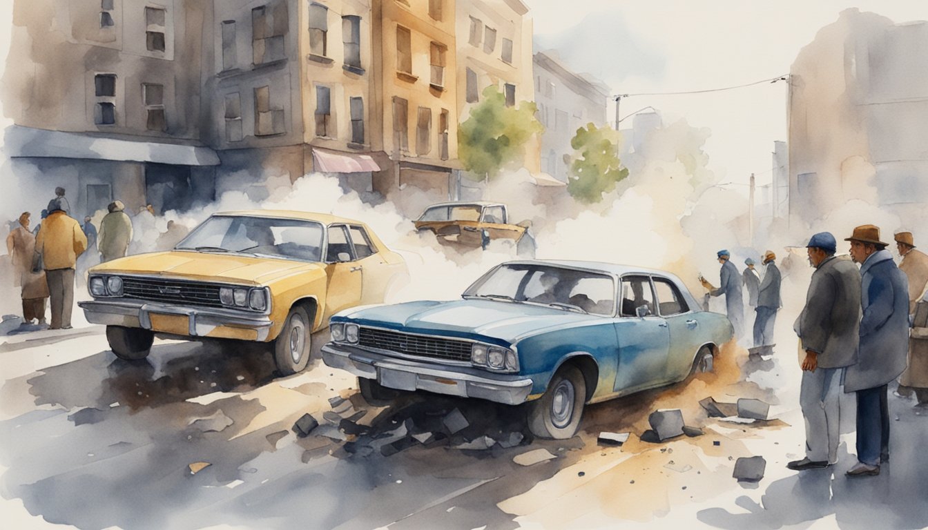 Vintage cars in a bustling street scene.