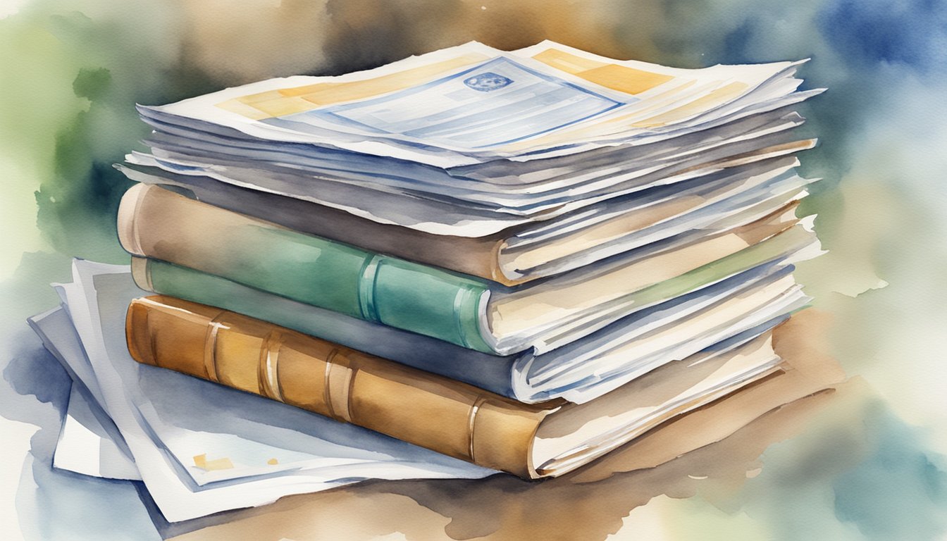 Watercolor painting of stacked books and documents.